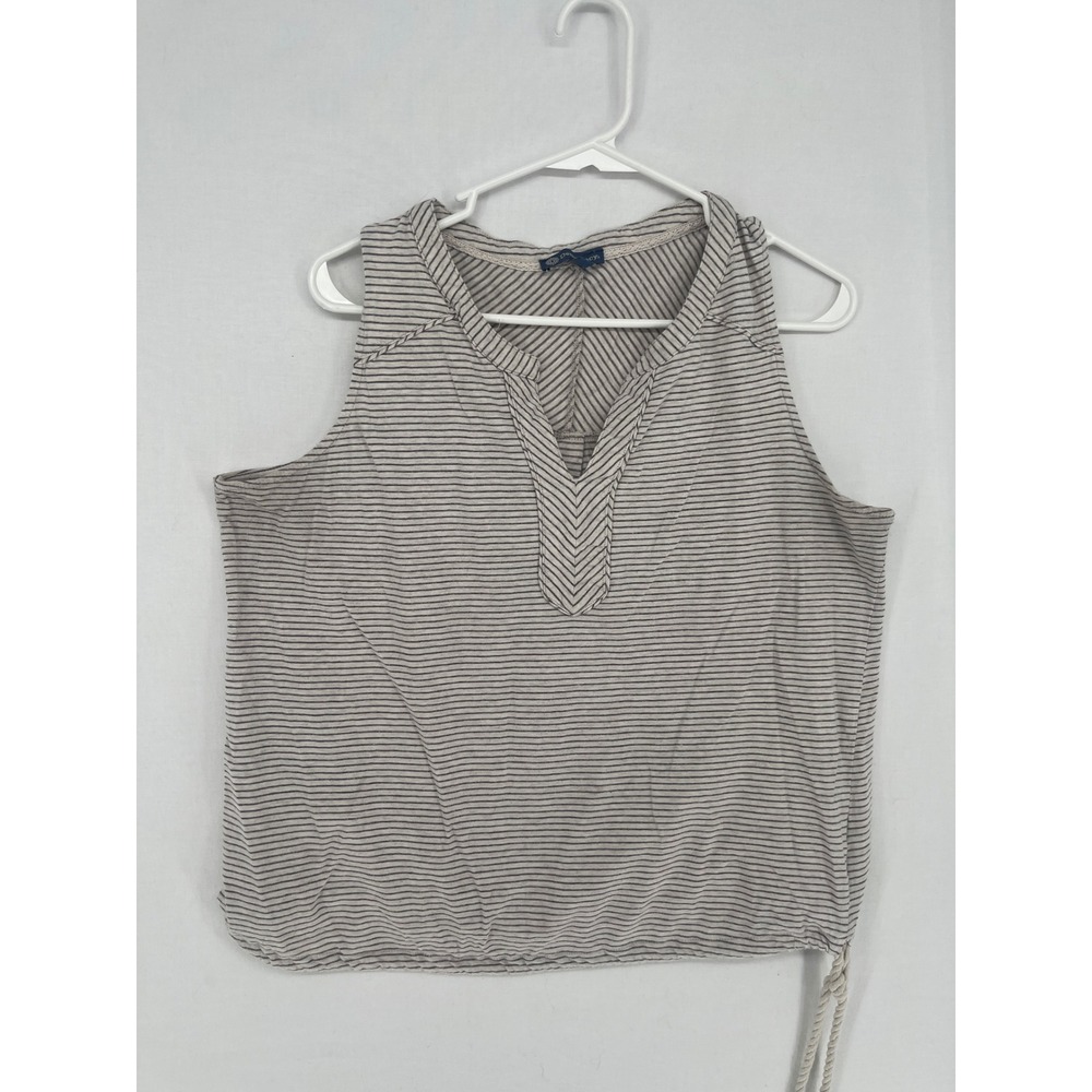 Democracy Striped Sleeveless Top Notched V-Neck Drawstring Hem Gray White Large